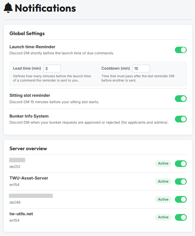 Notifications-Seite mit Globale Einstellungen und Server-Übersicht